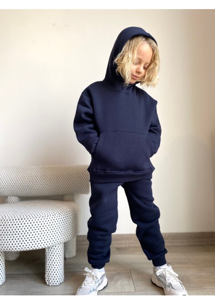 Erkek / Kız Çocuk Eşofman Takımı Kanguru Cepli Kapüşonlu 3 Iplik Şardonlu Lacivert fiyatları