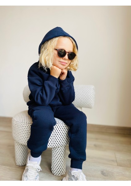 Erkek / Kız Çocuk Eşofman Takımı Kanguru Cepli Kapüşonlu 3 Iplik Şardonlu Lacivert modelleri