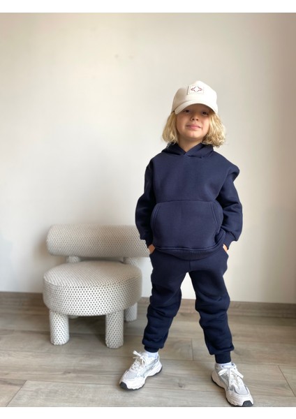 Erkek / Kız Çocuk Eşofman Takımı Kanguru Cepli Kapüşonlu 3 Iplik Şardonlu Lacivert fırsatları