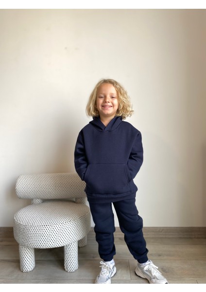 Erkek / Kız Çocuk Eşofman Takımı Kanguru Cepli Kapüşonlu 3 Iplik Şardonlu Lacivert indirimleri