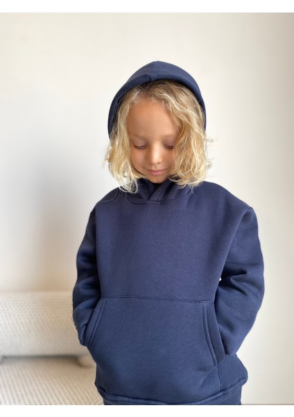 Erkek / Kız Çocuk Eşofman Takımı Kanguru Cepli Kapüşonlu 3 Iplik Şardonlu Lacivert