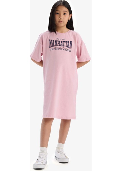 Kız Çocuk Oversize Geniş Kalıp Bisiklet Yaka Baskılı Kısa Kollu Yazlık Elbise E5805A825HS