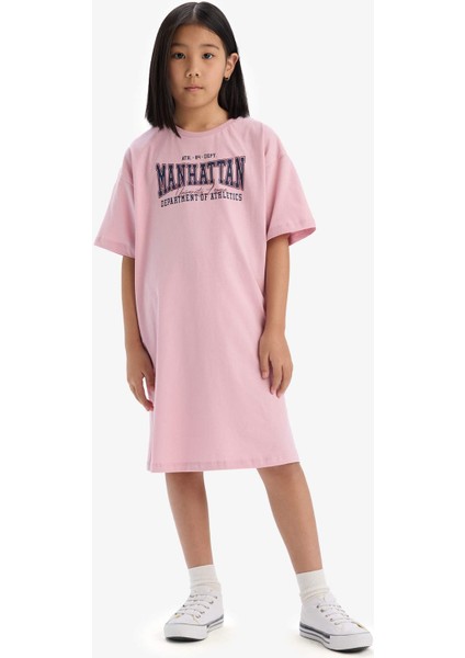 Kız Çocuk Oversize Geniş Kalıp Bisiklet Yaka Baskılı Kısa Kollu Yazlık Elbise E5805A825HS