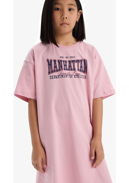 Kız Çocuk Oversize Geniş Kalıp Bisiklet Yaka Baskılı Kısa Kollu Yazlık Elbise E5805A825HS