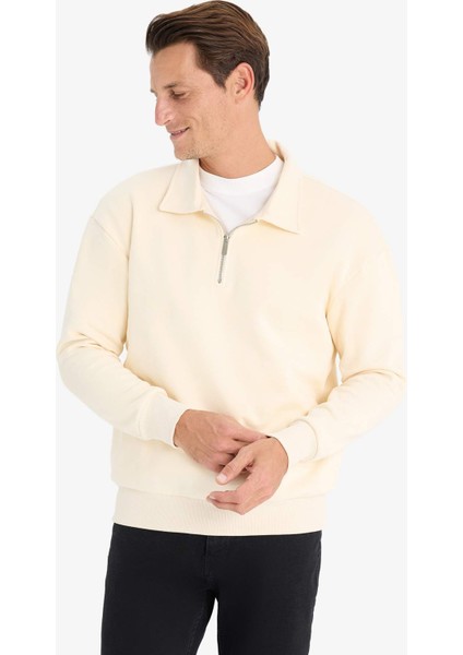 Relax Fit Polo Yaka Fermuarlı Basic Düz Kalın Sweatshirt E5333AX24WN