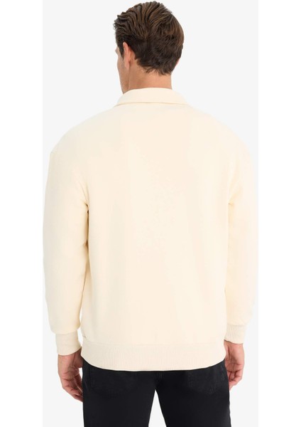 Relax Fit Polo Yaka Fermuarlı Basic Düz Kalın Sweatshirt E5333AX24WN