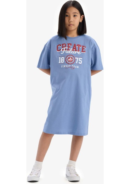 Kız Çocuk Oversize Geniş Kalıp Bisiklet Yaka Baskılı Kısa Kollu Yazlık Elbise E5805A825HS