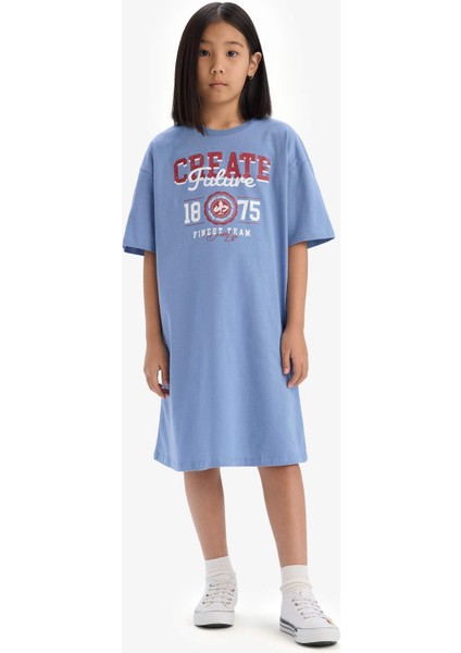 Kız Çocuk Oversize Geniş Kalıp Bisiklet Yaka Baskılı Kısa Kollu Yazlık Elbise E5805A825HS