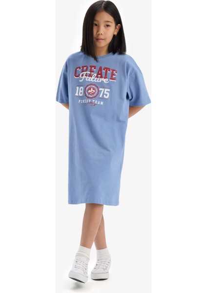 Kız Çocuk Oversize Geniş Kalıp Bisiklet Yaka Baskılı Kısa Kollu Yazlık Elbise E5805A825HS