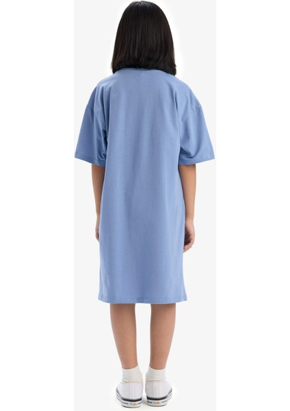 Kız Çocuk Oversize Geniş Kalıp Bisiklet Yaka Baskılı Kısa Kollu Yazlık Elbise E5805A825HS