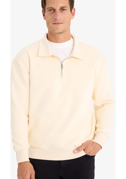 Relax Fit Polo Yaka Fermuarlı Basic Düz Kalın Sweatshirt E5333AX24WN