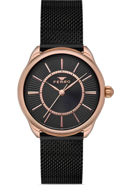 Ferro Siyah Çelik Hasır Kordon Kadın Kol Saati Su Geçirmez TH-FL21242C-C