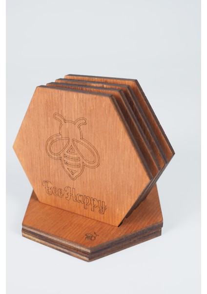 Bal/arı Temalı Ahşap Bardak Altığı- 4'lü Set -Stand Dahil