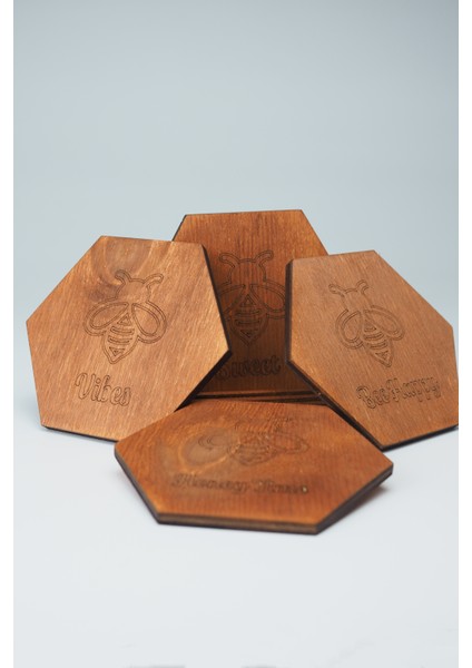 Bal/arı Temalı Ahşap Bardak Altığı- 4'lü Set -Stand Dahil fiyatları