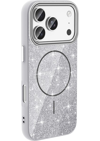 Apple iPhone 17 Pro Maxkılıf M-Safe Şarj Özellikli Parlayan Simli Okso Kapak Beyaz