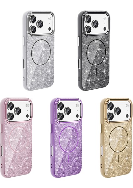 Apple iPhone 17 Pro Maxkılıf M-Safe Şarj Özellikli Parlayan Simli Okso Kapak Beyaz modelleri