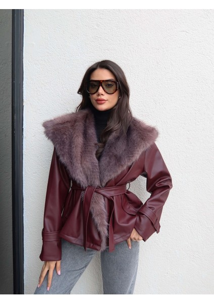 Kürk Yaka Kuşaklı Deri Ceket