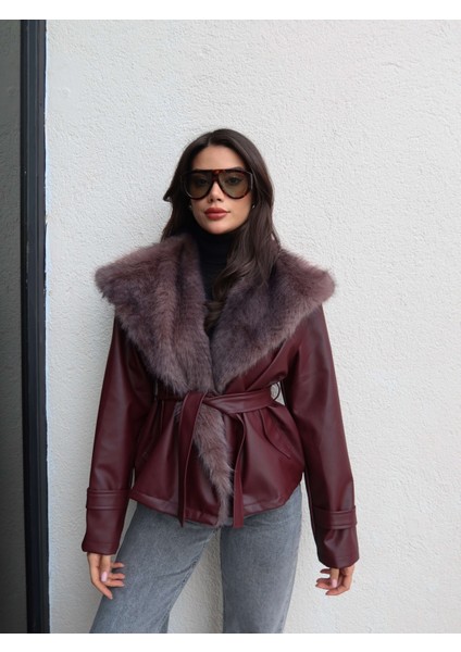 Kürk Yaka Kuşaklı Deri Ceket fiyatları