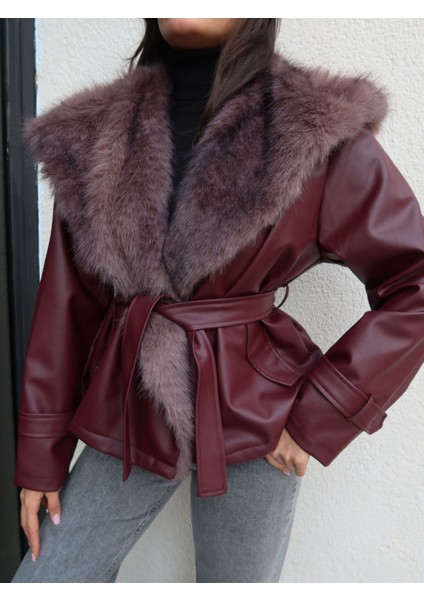 Kürk Yaka Kuşaklı Deri Ceket modelleri