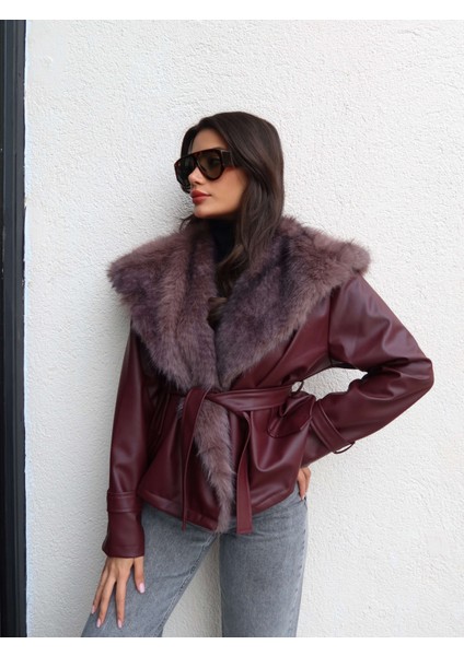 Kürk Yaka Kuşaklı Deri Ceket fırsatları