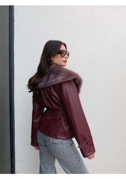 Kürk Yaka Kuşaklı Deri Ceket indirimleri