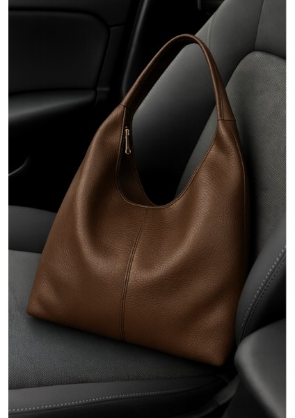 Kadın Acı Kahverengi Salaş Yumuşak Dokulu Büyük Boy Omuz ve Tote Çanta