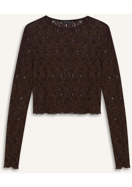 Fitted Dar Kesim Bisiklet Yaka Dantel Uzun Kollu Bluz E4930AX25SP