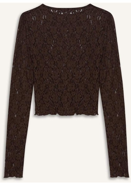 Fitted Dar Kesim Bisiklet Yaka Dantel Uzun Kollu Bluz E4930AX25SP