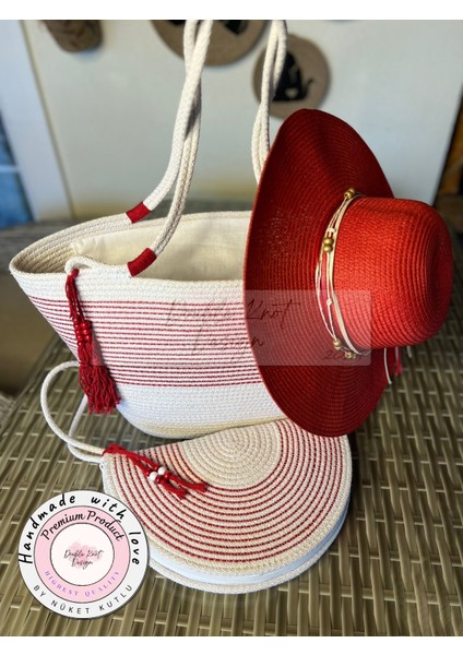 Vero 3lü Takım Plaj Çantası , El Çantası Clutch, Şapka, Totebag,çanta, Yazlık, Hediyelik,