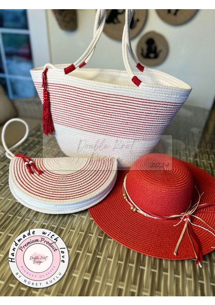 Vero 3lü Takım Plaj Çantası , El Çantası Clutch, Şapka, Totebag,çanta, Yazlık, Hediyelik, modelleri
