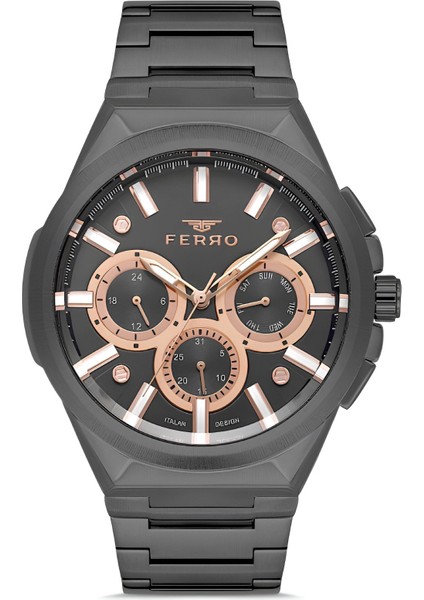 Ferro Siyah Çelik Kordon Erkek Kol Saati Fonksiyonları Aktif 3 Atm Su Geçirmez TH-FM11505A-V