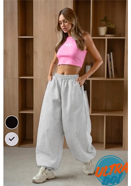 Kalın Kışlık Bol Tarz Eşofman Altı Şardonlu Kadın Erkek Gri / Siyah