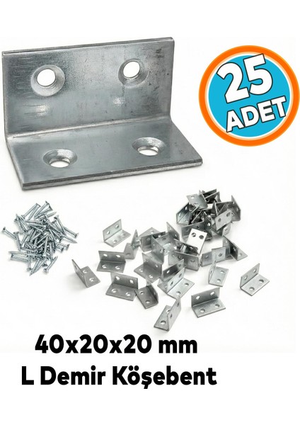25 Adet Metal L Köşebent 40X20X20 mm Vida Setli Mobilya Dolap Raf Bağlantı Sabitleme Aparatı