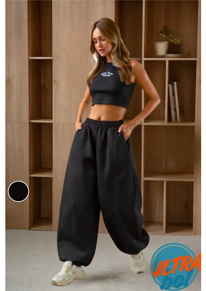 Kalın Kışlık Bol Tarz Eşofman Altı Şardonlu Kadın Erkek Gri / Siyah