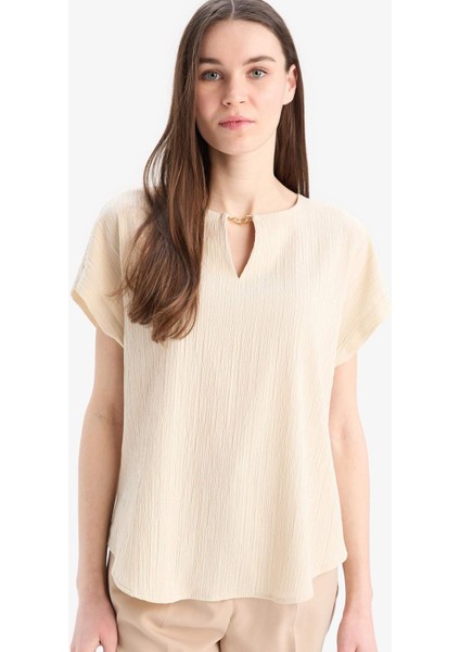 Regular Fit Apaş Yaka Basic Düz Kısa Kollu Bluz E6586AX25SP