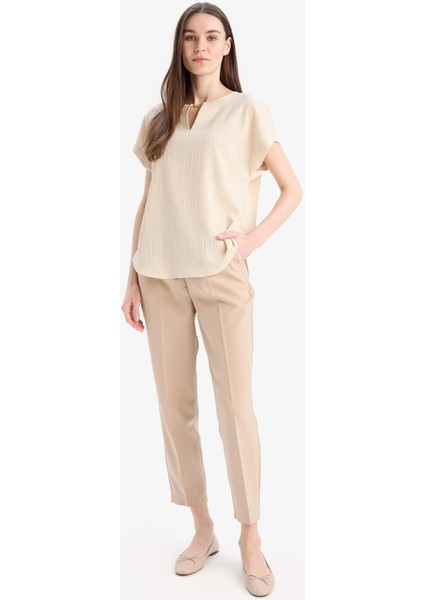 Regular Fit Apaş Yaka Basic Düz Kısa Kollu Bluz E6586AX25SP