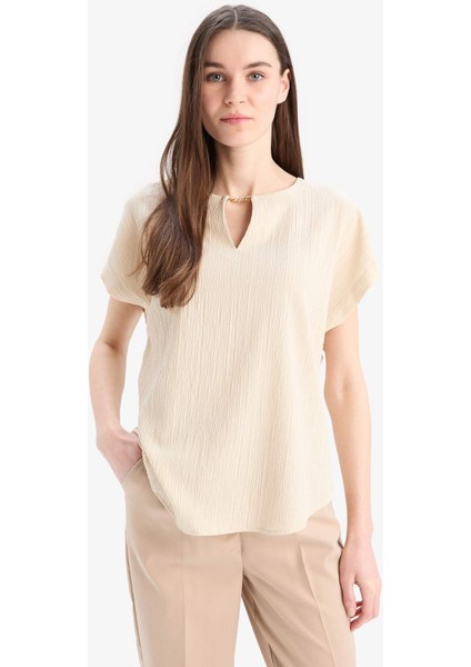 Regular Fit Apaş Yaka Basic Düz Kısa Kollu Bluz E6586AX25SP