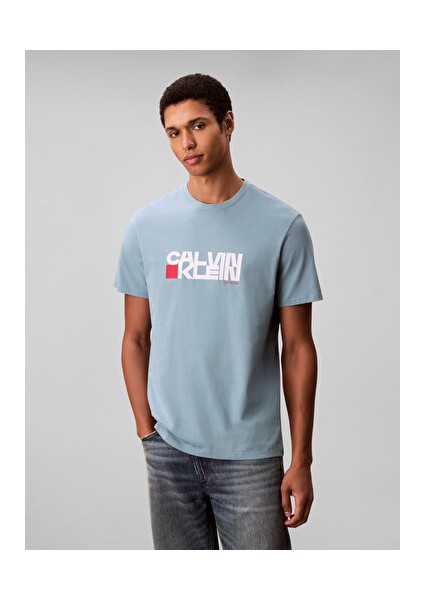 Erkek Mavi Grafikli Tişört