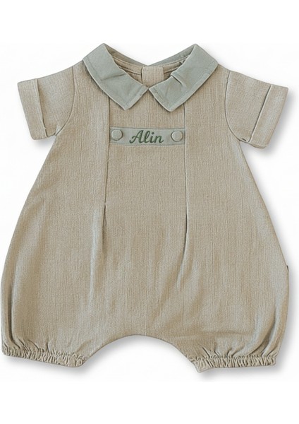 Isme Özel Nakışlı Kahverengi Casual Bebek Elbise 6-9 Ay