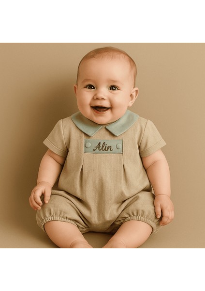 Isme Özel Nakışlı Kahverengi Casual Bebek Elbise 6-9 Ay fiyatları