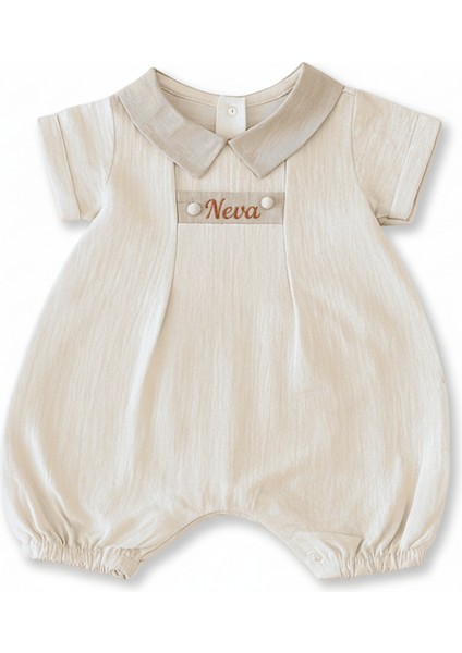 Isme Özel Nakışlı Krem Rengi Casual Bebek Elbise 6-9 Ay