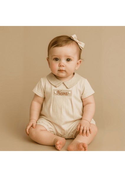 Isme Özel Nakışlı Krem Rengi Casual Bebek Elbise 6-9 Ay fiyatları