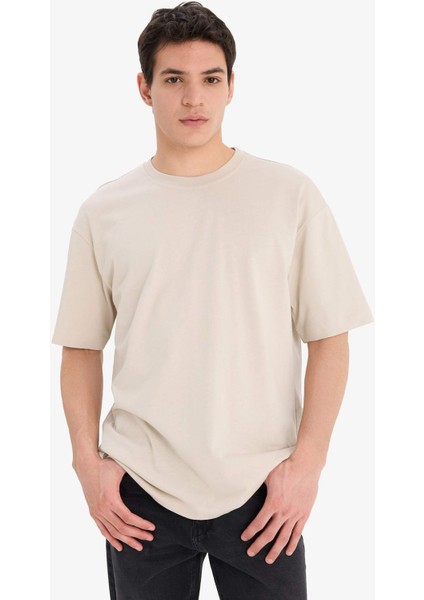 %100 Pamuk Oversize Geniş Kalıp Bisiklet Yaka Basic Düz Kısa Kollu Tişört
