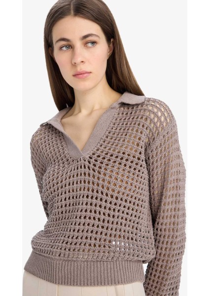 Relax Fit Polo Yaka Basic Düz Ajur Triko Kazak E7025AX25SM