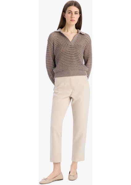 Relax Fit Polo Yaka Basic Düz Ajur Triko Kazak E7025AX25SM