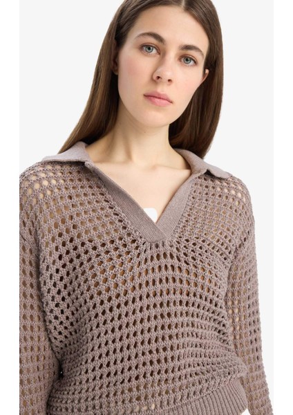 Relax Fit Polo Yaka Basic Düz Ajur Triko Kazak E7025AX25SM