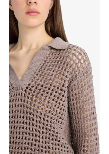 Relax Fit Polo Yaka Basic Düz Ajur Triko Kazak E7025AX25SM