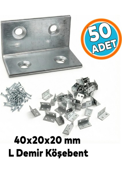 (50 Adet) Metal L Köşebent 40X20X20 mm Vida Setli Mobilya Dolap Raf Bağlantı Sabitleme Aparatı