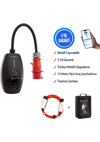 22KW V3 Türkçe Mobil Uygulama 5 Yıl Garanti, (15 Metre Tip 2 Kablo, Taşıma Çantası ve 220V Dönüştürücü Adaptör)