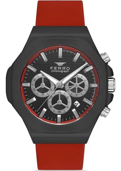 Ferro Kırmızı Silikon Kordon Erkek Kol Saati Fonksiyonları Aktif 3 Atm Su Geçirmez TH-FM31348DWT-ZK